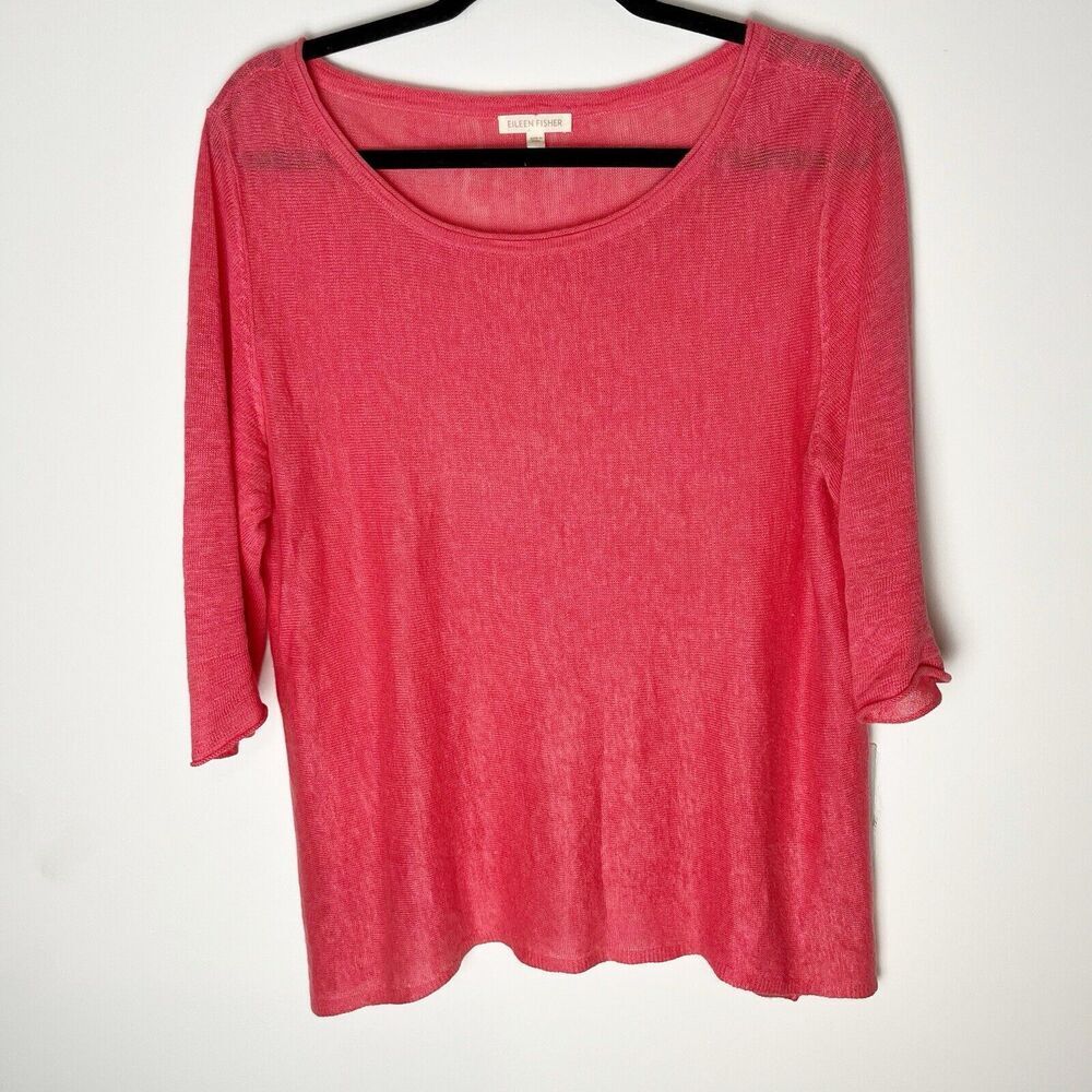 EILEEN FISHER Sweater Large Linen Fine Gauge 3/4 Sleeve Pullover Punch P… - Picture 1 of 7